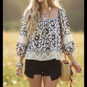 Boho Chic Peasant Romantic Flirty Top Linen Blend Floral Crochet Lace sz Medium